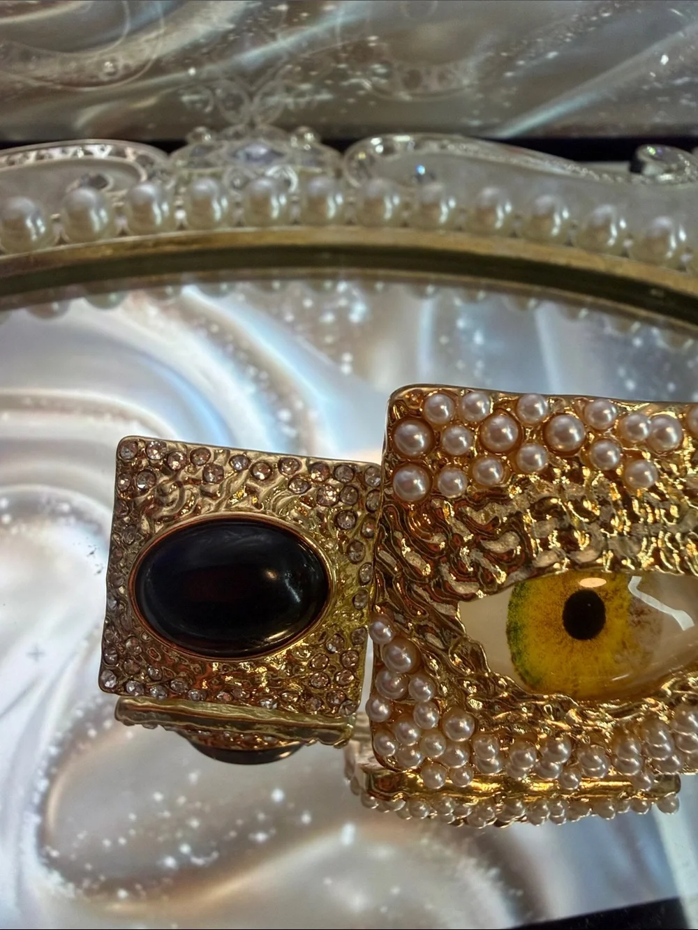 Gold Pearl Eye Statement Ring — Green Eye Accent